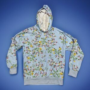 Bongo Sweatshirt Women Small Baby Blue Floral Pullover Hooded Ruffles Girly